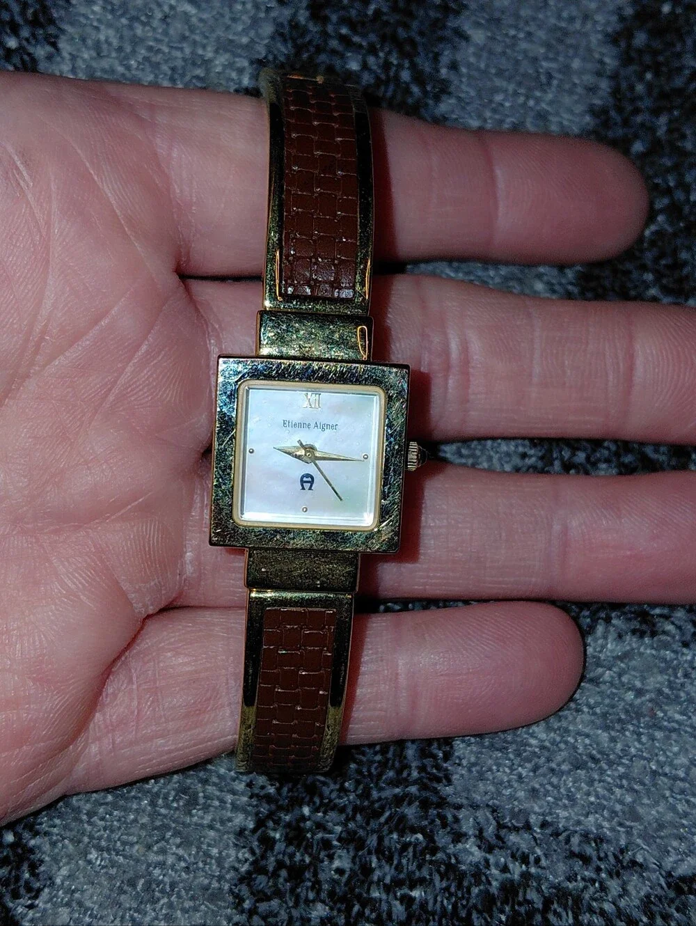 Vintage Etienne Aigner Square Watch Mother of Pearl Gold Brown Equestrian Y2K CC